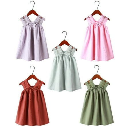

Fashionable Baby Girls Summer Solid Color Lace Splicing Dress Children Sweet Sleeveless Bow Decoration Cotton Princess Dress