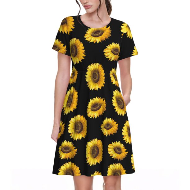 Easygdp Sunflower (2) para Vestido Transpirable de Mujer, Vestido Suelto de Manga Corta con Pliegues y Bolsillos para el Verano