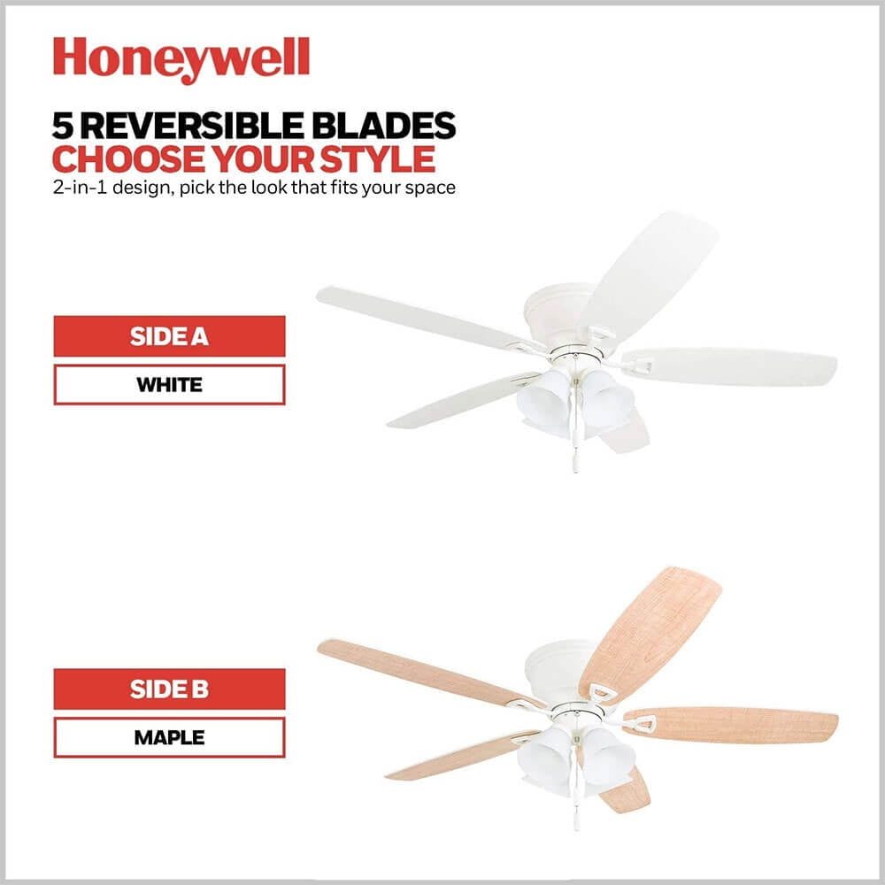 Honeywell Glen Alden 52" White Indoor Ceiling Fan with Light, 5 Blades, Pull Chains & Reverse Airflow