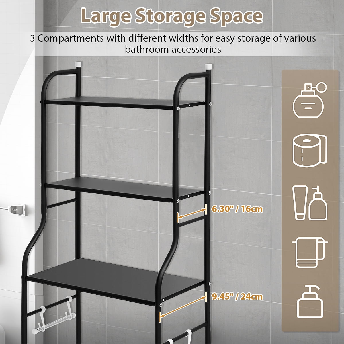 "HONEIER 3 Tier Bath Shelves, Over Toilet Storage Rack, Space Saver with Towel Shelf, 22""W Black"  (图4)