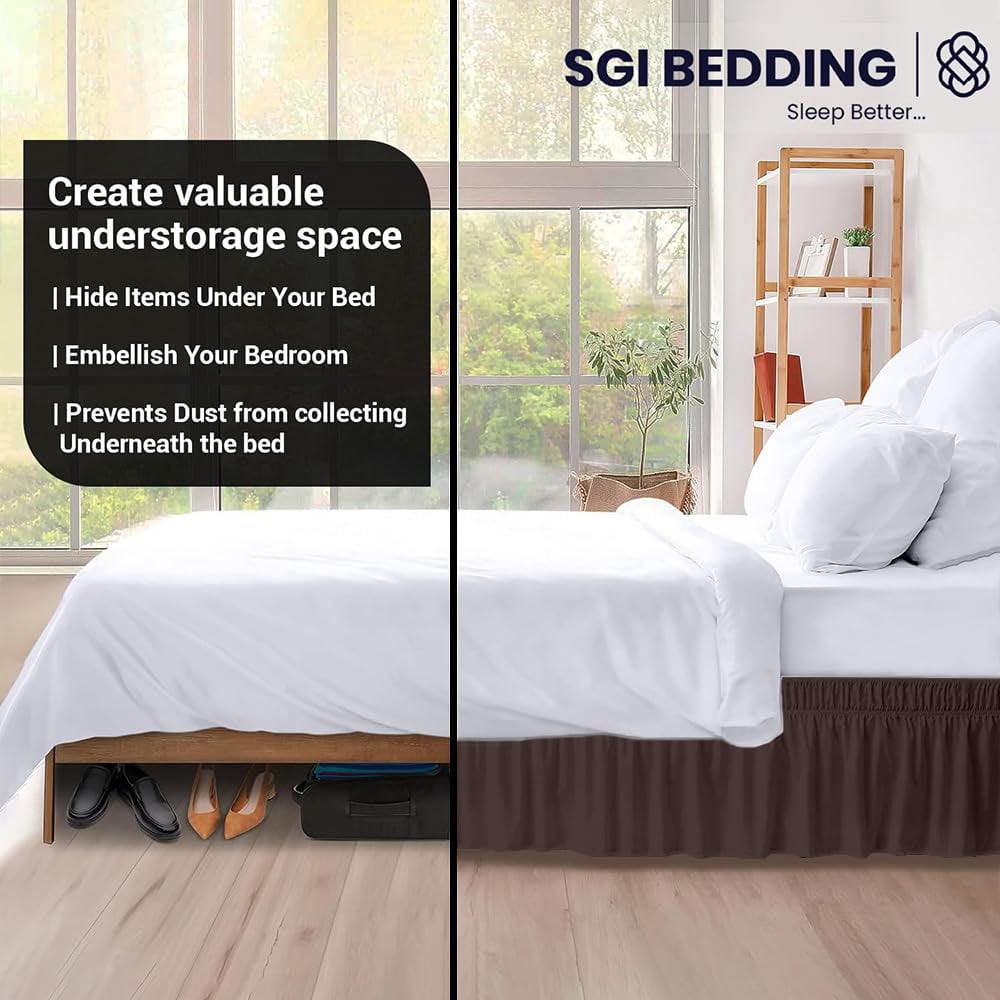SGI bedding 11 inch Drop Wraparound Bed Skirt Full Size - No Lifting Required, Adjustable Easy Fit Elastic Strap, Classic Gathered Styling Dust Ruffle, Fade Resistant -Chocolate