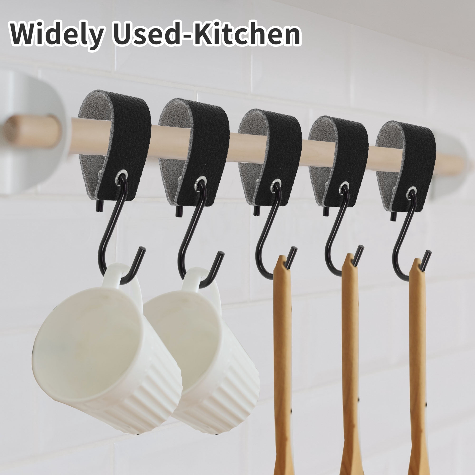 Unique Bargains Pack of 5 S Hooks with Leather Loop for Wardrobe Black