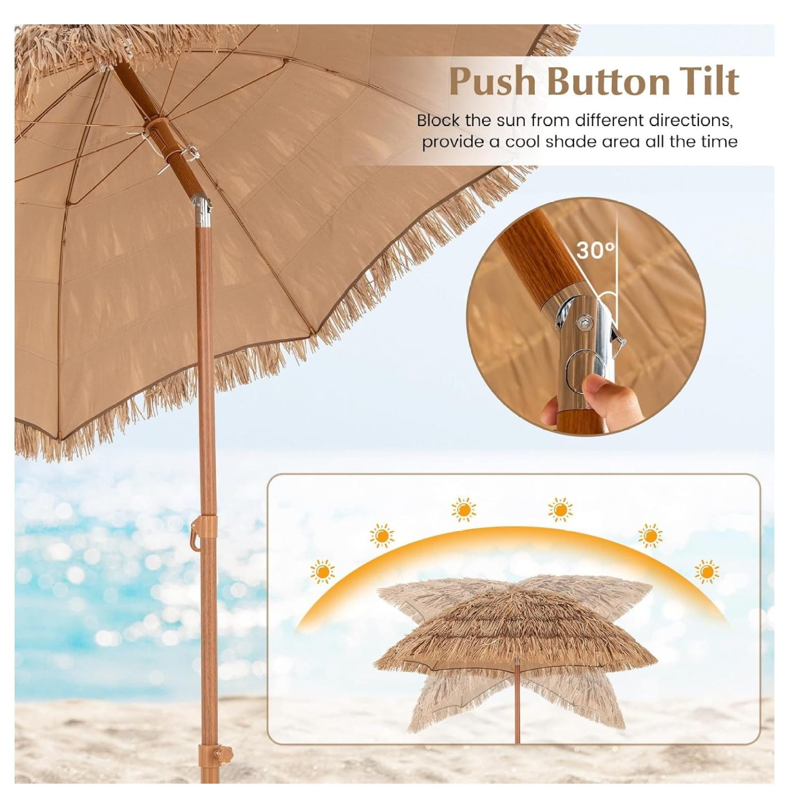 6.5FT Tiki Patio Umbrella with Base - Hawaiian Style Tilt Beach Umbrella w/8 Ribs, Foldable Stand, Carry Bag, Tropical Palapa Grass Pool Umbrellas, Hula Thatched Tiki Umbrella Outdoor Patio
