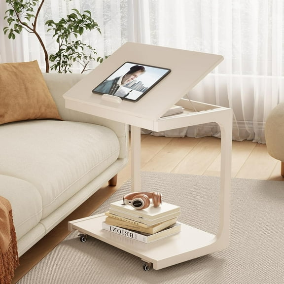 C-Shaped End Table,Couch Table with Adjustable Desktop,Small Rolling Side Table with 2 Lockable Wheels 23.36