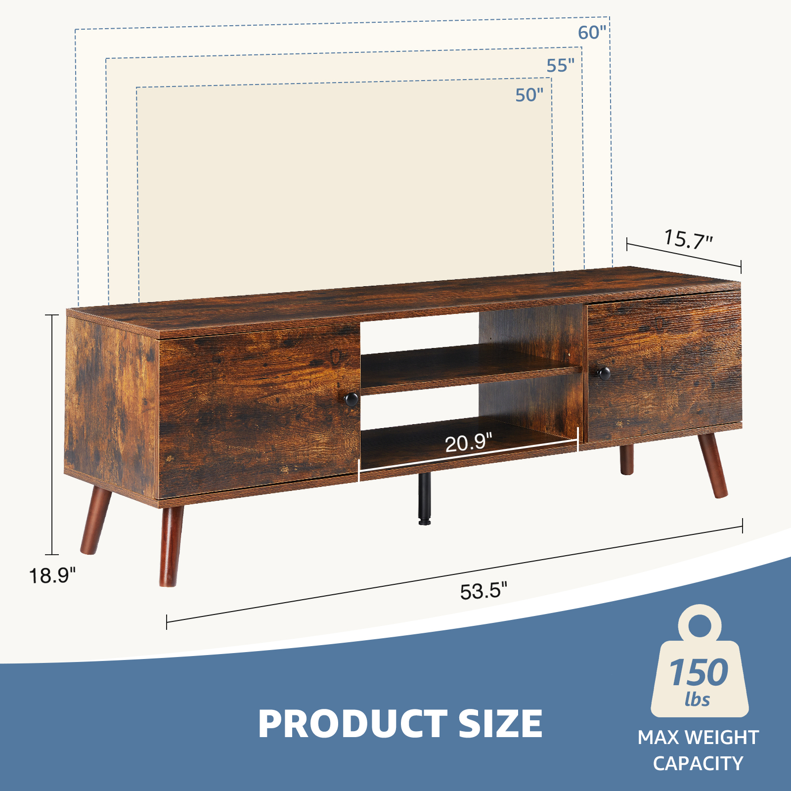 EDX Mid Century TV Stand for 55-60 Inch TVs, Brown photo 2
