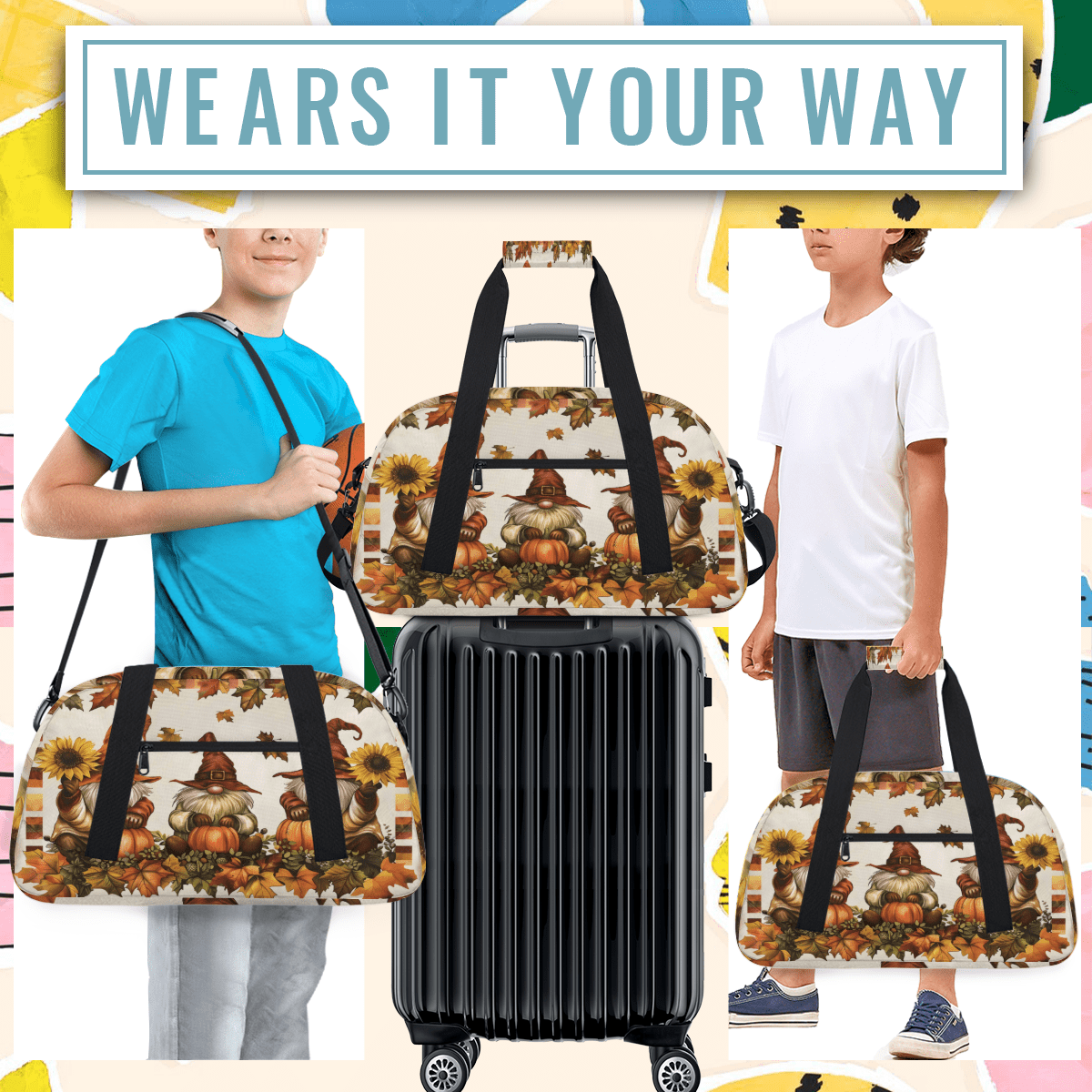 Herdesigns Sports Duffle Bags Travel Duffle Bag Gym Bag Halloween Fall Gnomes Weekender Travel Bag Waterproof Overnight Bag Carry On Travel Tote Bag Dance Bags