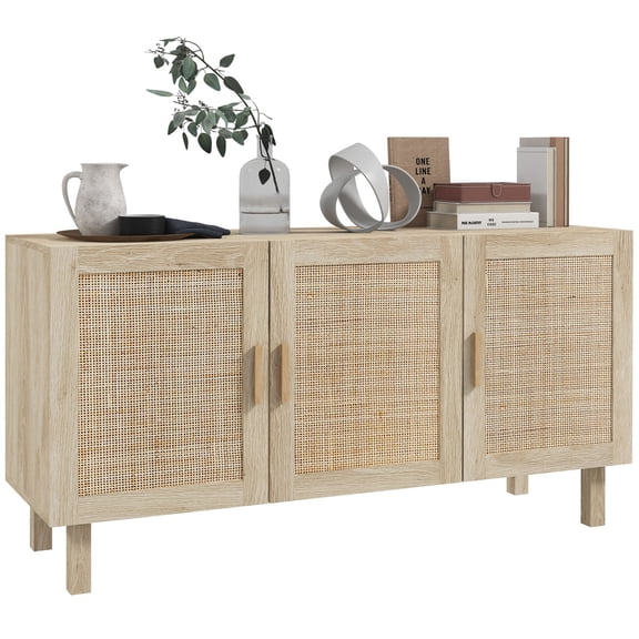 HOMCOM Sideboard Buffet Cabinet, Kitchen Cabinet, Coffee Bar Cabinet with 3 Rattan Doors and Adjustable Shelves, Natural Mixed On-Site