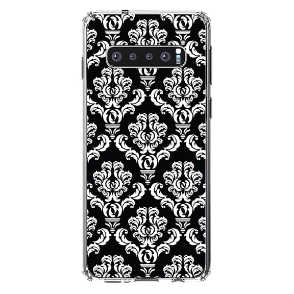 DistinctInk Clear Shockproof Hybrid Case for Samsung Galaxy S10 (6.1" Screen) - TPU Bumper, Acrylic Back, Tempered Glass Screen Protector - Black White Damask Pattern - Floral Damask Pattern