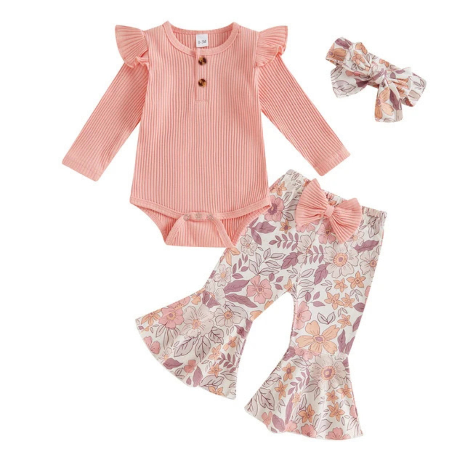 HIPYLO Baby Girl Clothes Newborn Infant Outfits Ribbed Knit Ruffle Romper+ Floral Pants + Cute Headband Sets for Girls Summer Casual Bodysuit Pants Set