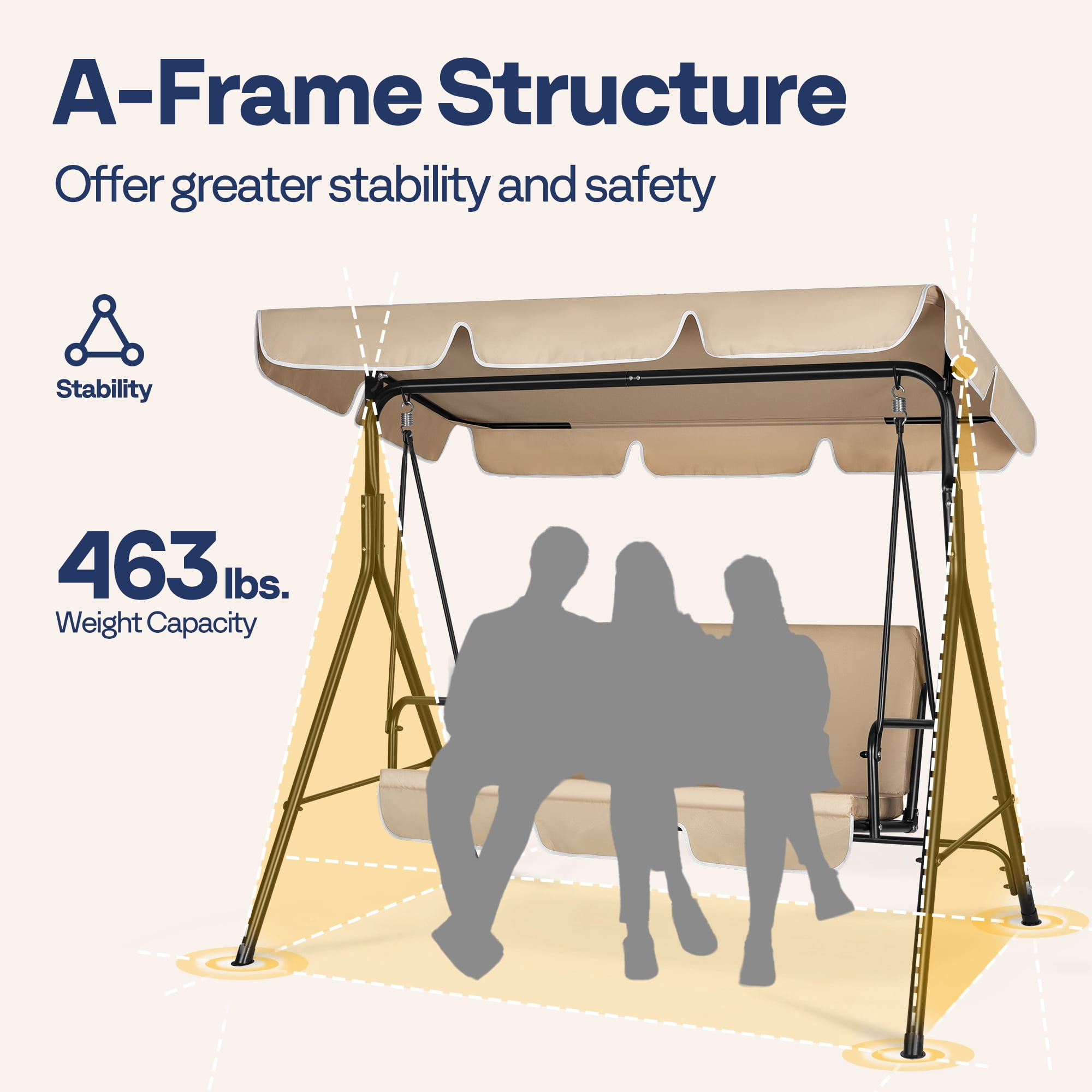 VIVOHOME 3-Seat Swing Glider Chair with Removable Cushion & Canopy, Steel Frame Stand, Beige