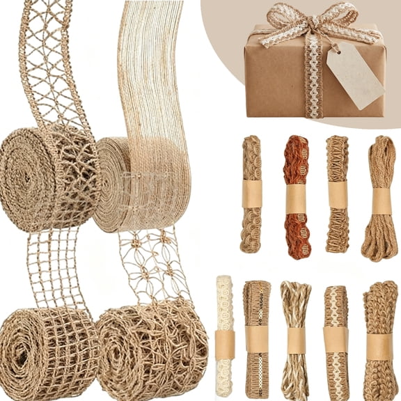 13 Rolls Burlap Ribbon Wired Natural Jute Burlap Lace 0.25-1.77" x28.43 yard Wrapping Ribbon for Crafts, Bows,Wreath, Spring Outdoor Decoration, Wedding Gift Wrapping, Holiday Party DIY Home Decor