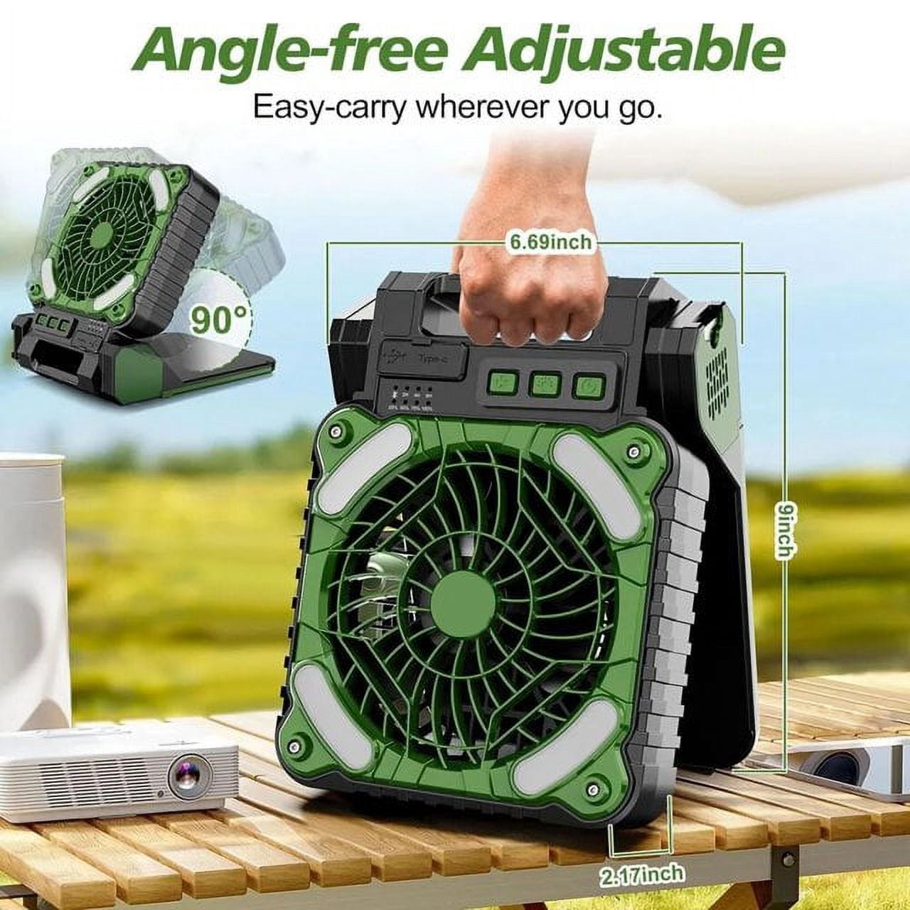 Solar Powered Fan for Camping- Camping Fan with 10000 mAh Rechargeable Battery and LED Lantern, Timer and 4 Speeds Battery Powered Outdoor Fan for Travel, Fishing, Outdoor, Bedroom