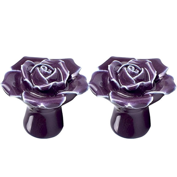 2pcs Rose Shaped Ceramic Kitchen Cupboard Cabinet Drawer Door Knobs Pull Handles (Purple)