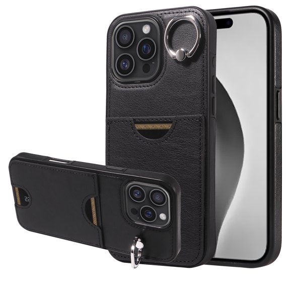Case for iPhone 16 Pro Wallet with Credit Card Holder & Finger Ring Kickstand, Premium PU Leather Slim Cover Shockproof Scratch Resistant Full Protection Phone Case for iPhone 16 Pro, Black