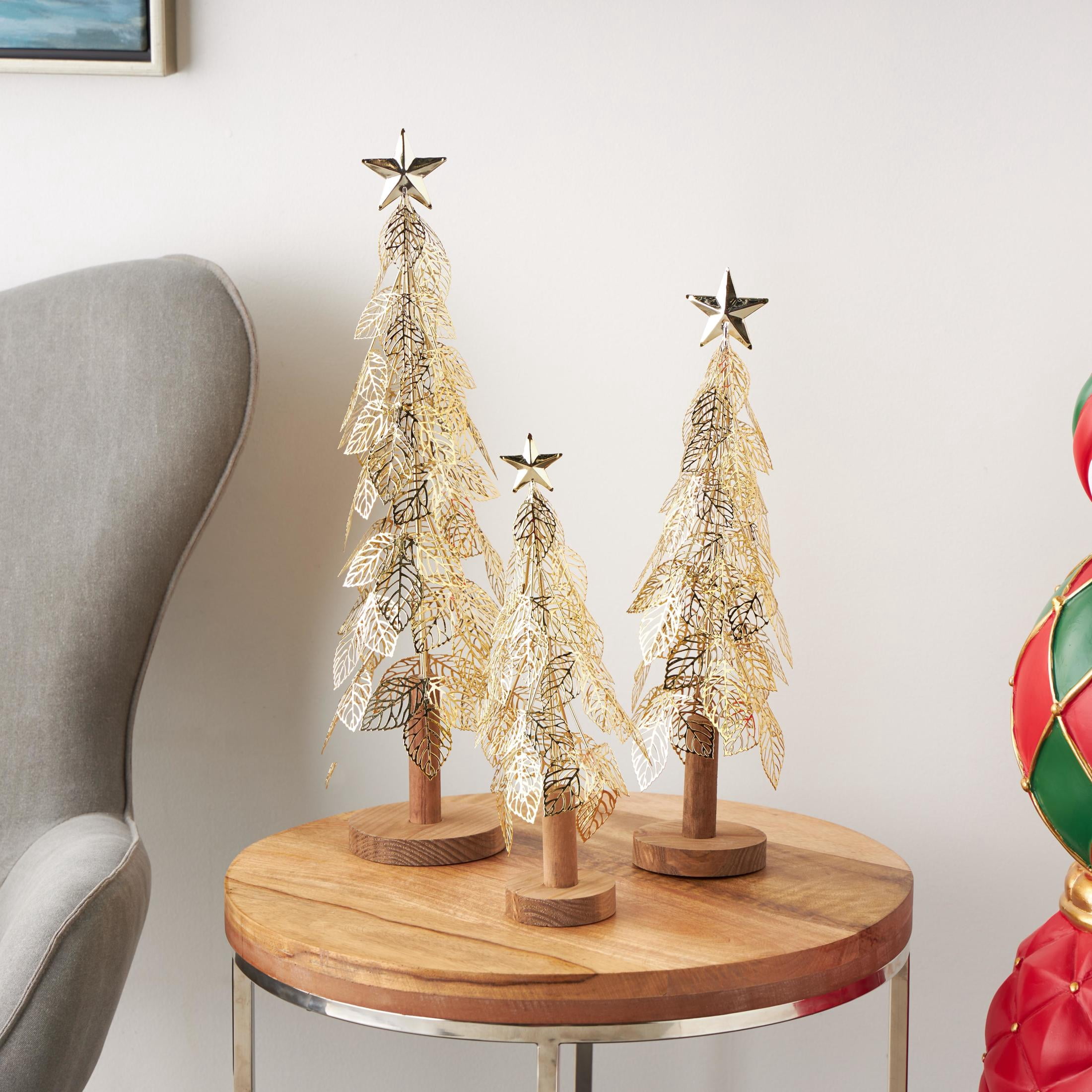 22", 18", 14"H Gold Metal Holiday Cutout Leaf Tree Christmas Sculpture with Wooden Base and Star Topper, by DecMode (3 Count)