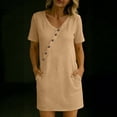 thumbnail image 4 of Vivianyo HD Women's V-Neck Diagonal Button Mini Tunic Dress, Womens Short Sleeve Solid Loose Casual Summer Dresses with Side Pocket for Vacation, Women's Khaki, Sizes S-2XL, 4 of 6