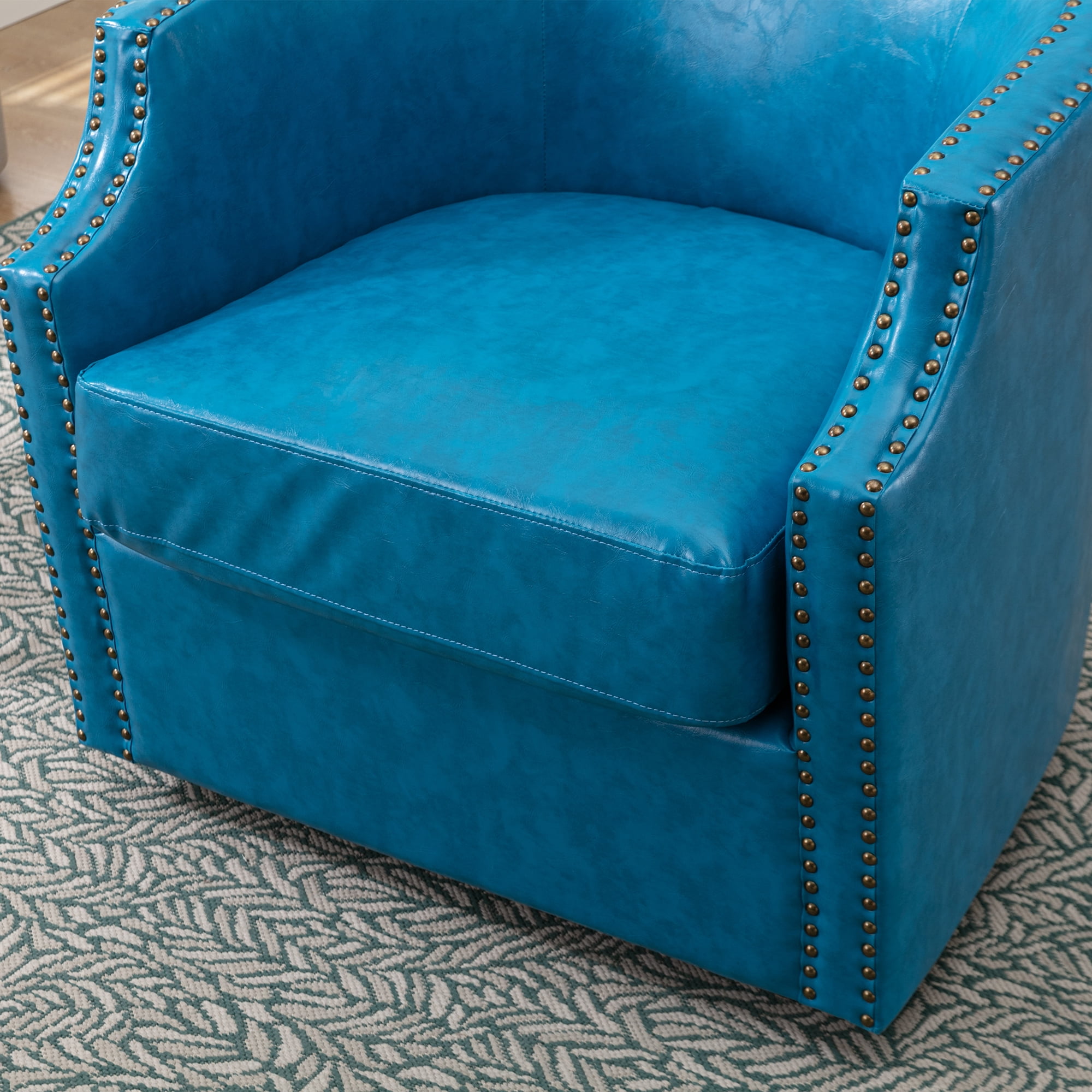 Lunale Leather Swivel Accent Barrel Chair, Club Chair Comfy Reading Armchair, Light Blue