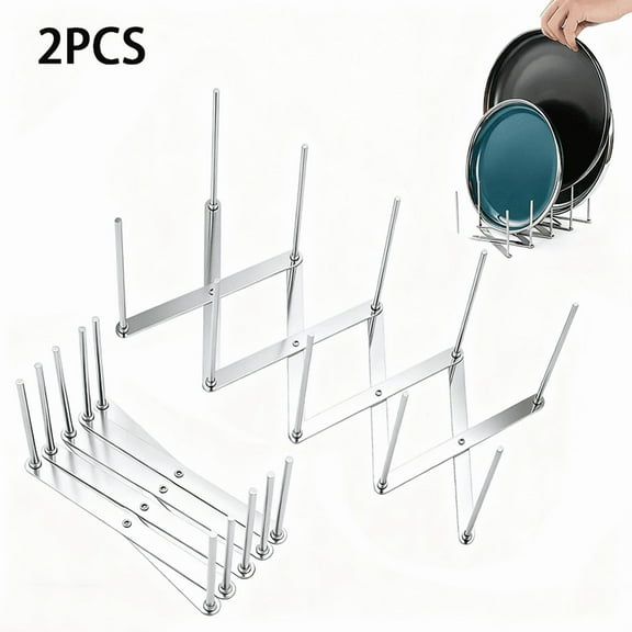 2 pcs Stainless Steel Foldable Dish Drying Rack, Adjustable Plate and Bowl Storage Rack, Small Space-Saving Countertop or Cabinet Organizer for Kitchen, Rust Resistant and Heavy Duty