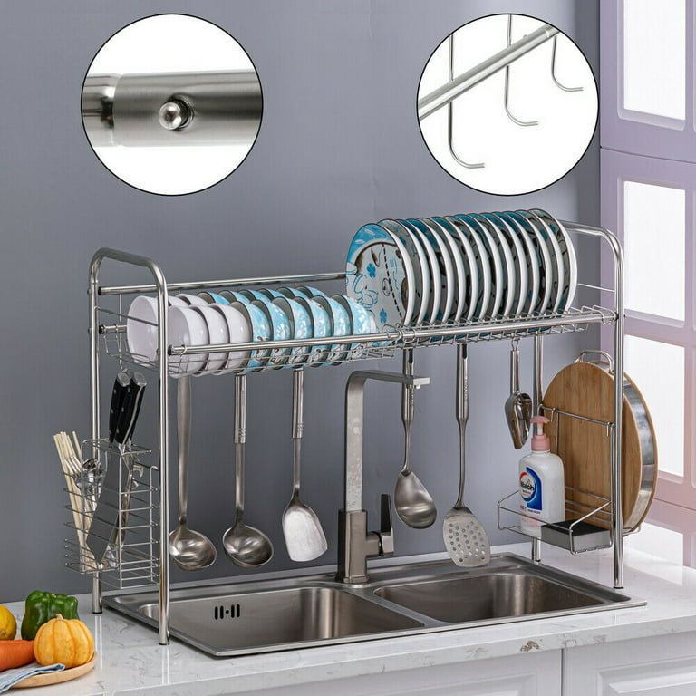 PUSDON Wall Mounted Dish Drying Rack, 3 Tier Stainless Steel Hanging Dish  Drainer with Cutlery Holder, Drainboard and Hooks, Fruit Vegetable Kitchen