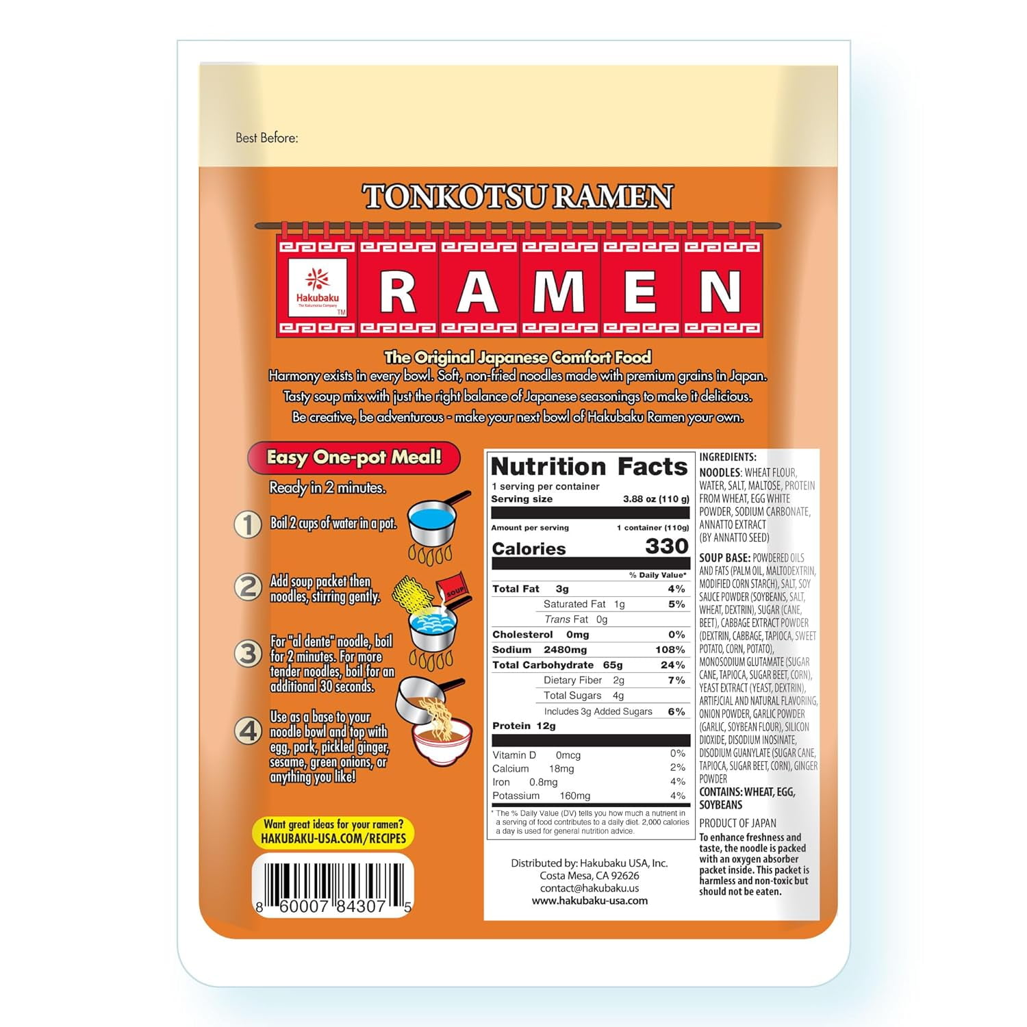 Hakubaku Authentic Japanese Ramen Noodles (Tonkotsu, 6 PACK)
