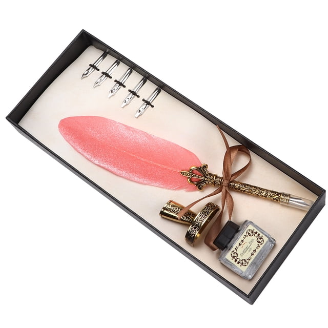 Quill Pen Set, Retro Calligraphy Pen Kit Antique For Calligraphy Practicing For Writing White,Brown,Big Red,Pink