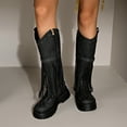 thumbnail image 2 of Winter Fall Studded Fringe Platform Wide Mid Calf Boots for Women Boho Ethnic Chunky Knee High Cowboy Cowgirl Riding Tall Boots, 2 of 7