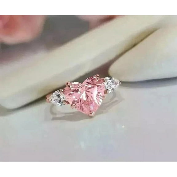 2.00Ct Heart Cut Lab Created Pink Sapphire Three Stone Beautiful Women Wedding Ring 14K Rose Gold Plated 925 Silver For Women's