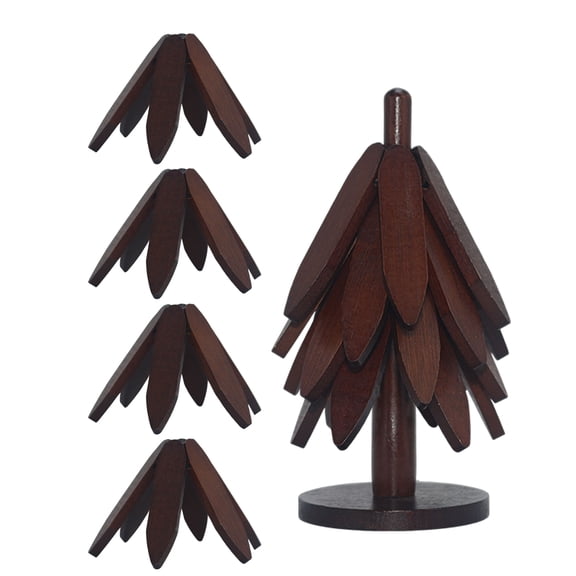 Wooden Tree Trivet Set, 4-Piece Foldable Heat Resistant Wooden Pot Holders with Stand for Kitchen Countertop and Dining Table(Walnut)
