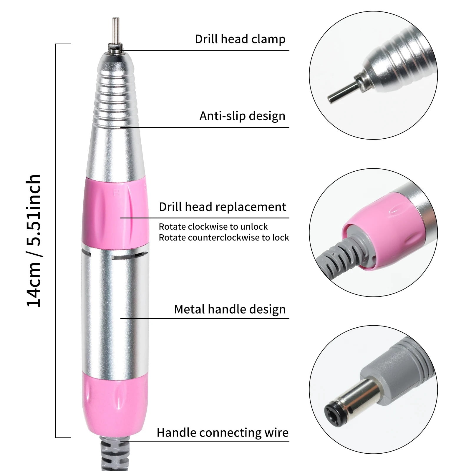 Electric Nail Drill Pen DC & 5 PIN for Nail Drill Accessories Handle File Polish Grind Machine Manicure Tool