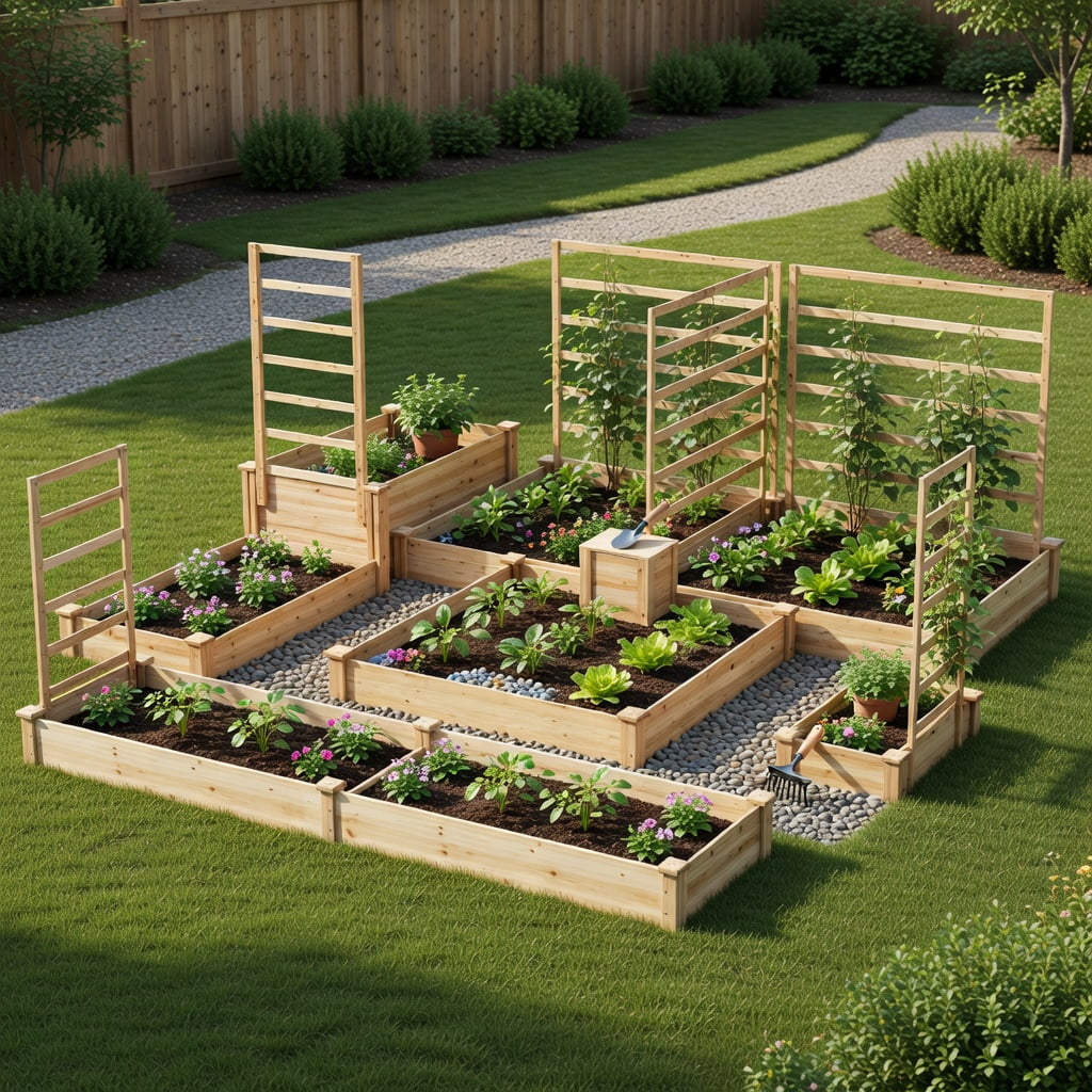 Topcobe 49" x 49" x 10" Raised Garden Bed with Compost Bin and Open-ended Bottom, Planters for Outdoor Plants, Raised Beds for Gardening, Natural