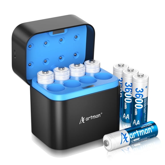 Pilas AA de litio recargables Artman 3600 mWh, paquete de 8, más cargador