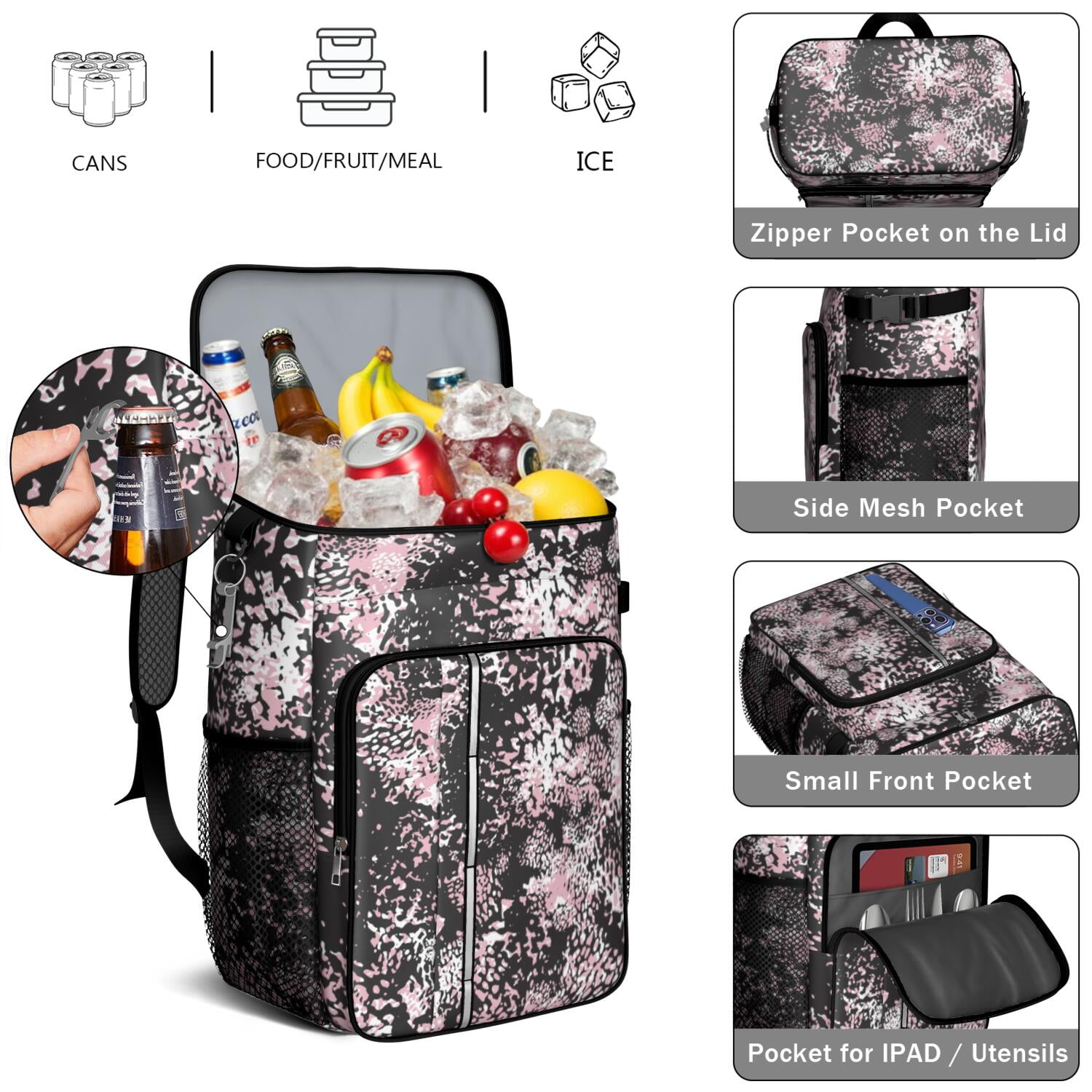 Travel Cooler Bag - Black and Pink Of Leopard Print Camping Beer Cooler Backpack with Bottle Opener- Waterproof Insulated Picnic Backpacks - Cooler Bag for Beach