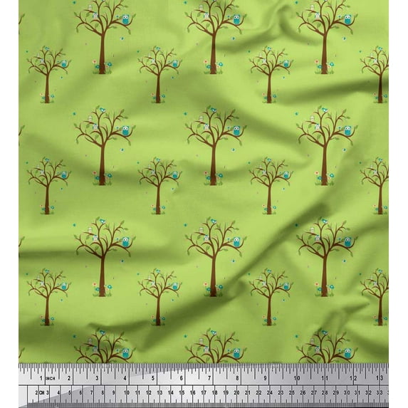 Soimoi Green Rayon Fabric Owl,Insect & Tree Print Fabric by Yard 42 Inch Wide
