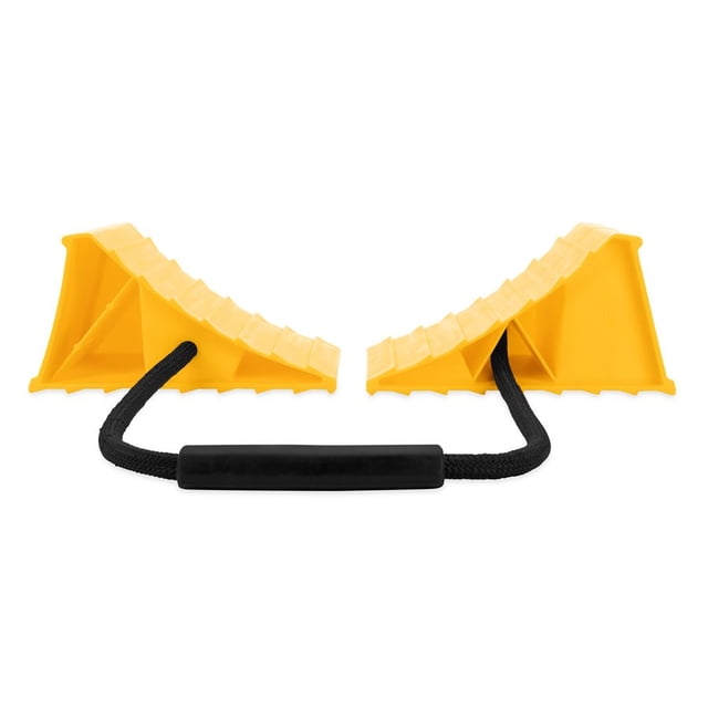 Camco Wheel Chock 44470 Yellow; With Rope And Handle; Hard Plastic; Double; Fits Tires Up To 26 Inch Diameter