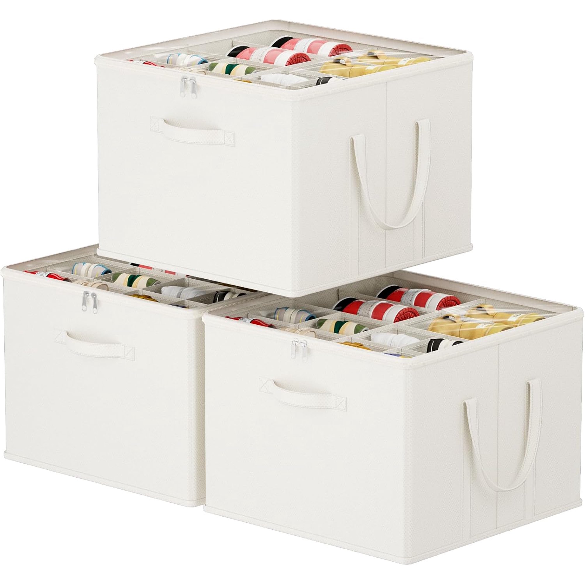 Shoe Storage Organizer for Closet 3 Pack White Fabric Shoe Boxes with Clear Cover Foldable Large Bins for Boots Heels Sneakers 36-48 Pairs Capacity