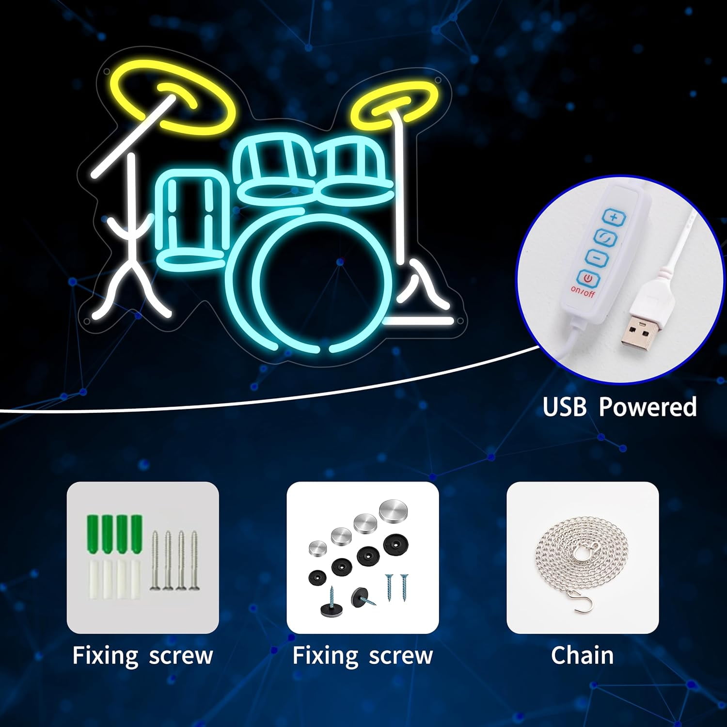 Drum set Neon Sign for Wall Decor,Kids USB Powered Drum set Led Sign, Reusable Drum set Light Up Sign for Boys and Girls, Light Up Sign for Bedroom and Livingroom