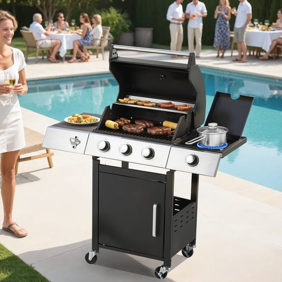 BUPPLEE Propane Gas Grill With Side Burner and Cast Iron Grates, Offered in 3/ 4/ 6 Burner Models, Outdoor Barbecue Grill With Lockable Rolling Wheels