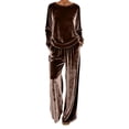 thumbnail image 2 of Womens Two Piece Sets Women's Casual Velvet Suit Loose Fitting Round Neck Pullover Tops with Wide Leg Trousers Casual Outfits Coffee S, 2 of 8