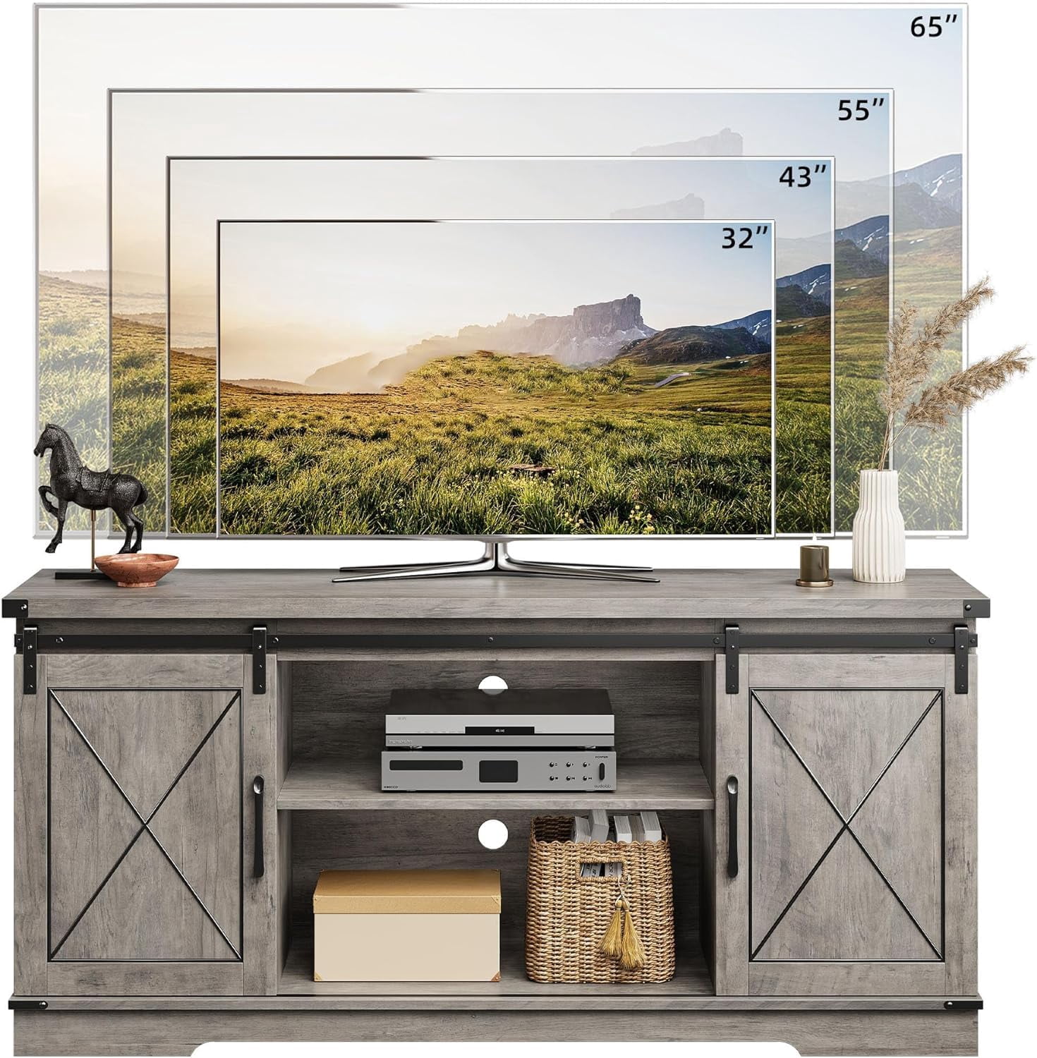 TROPOW Tv Stands for Living Room,Farmhouse TV Stand and Entertainment Center with Sliding Barn Doors and Storage Cabinets, Adjustable Shelf Media Console Storage Cabinet Living Room Furniture,Gray