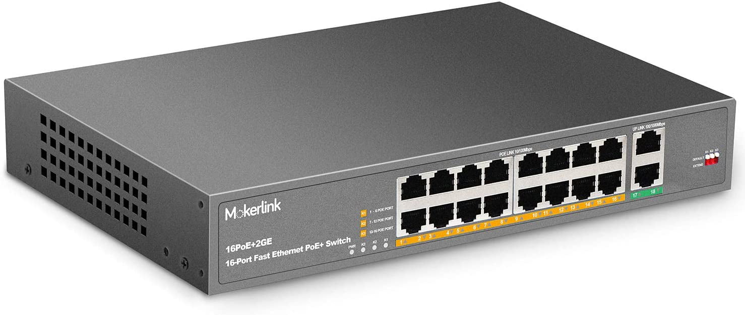 MokerLink 16 Port PoE Switch with 2 Gigabit Uplink Port, 250W High .