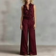 thumbnail image 2 of 2 Piece Linen Outfits for Women Sleeveless Ruffle V Neck Top & Wide Leg Pants Dressy Casual Vacation Sets (M, Wine), 2 of 5