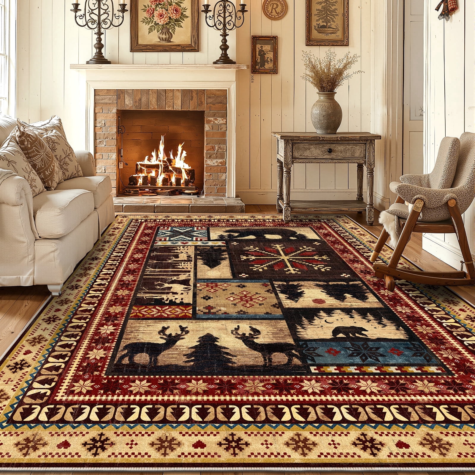 MJIAexp 8'x10' Area Rug Washable Living Room Rug,Vintage Western Buffalo Bear Decor Indoor Large Carpet Rugs, Non Slip Soft Low Pile Area Carpet for Living Room Bedroom Festive Decor
