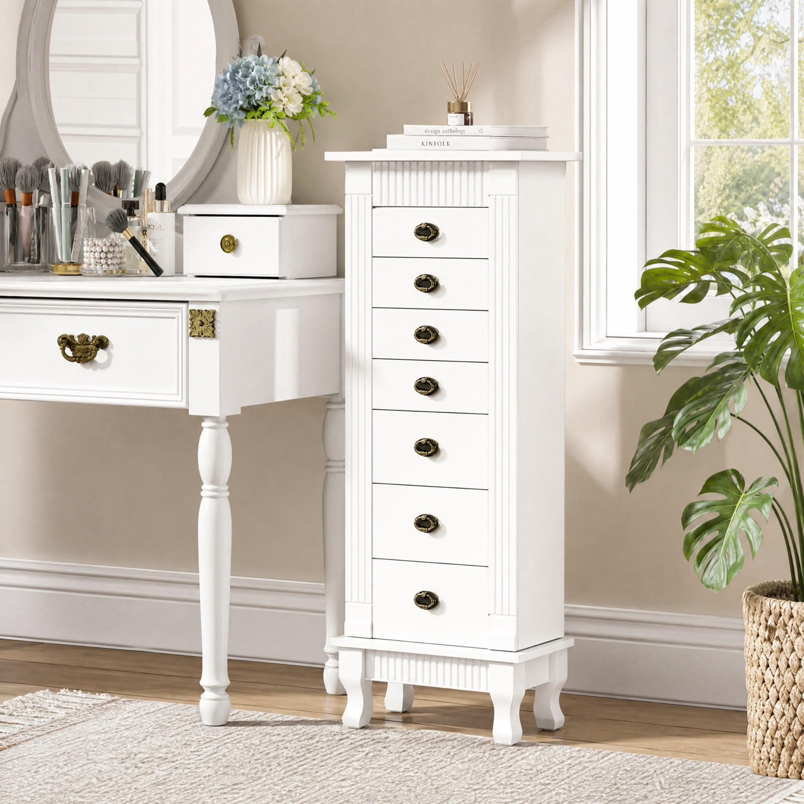 Furnibear Wooden Jewelry Armoire Cabinet Storage Chest with Drawers and Swing Doors for Bedroom Dressing Room Jewelry Necklace Rings Storage, White