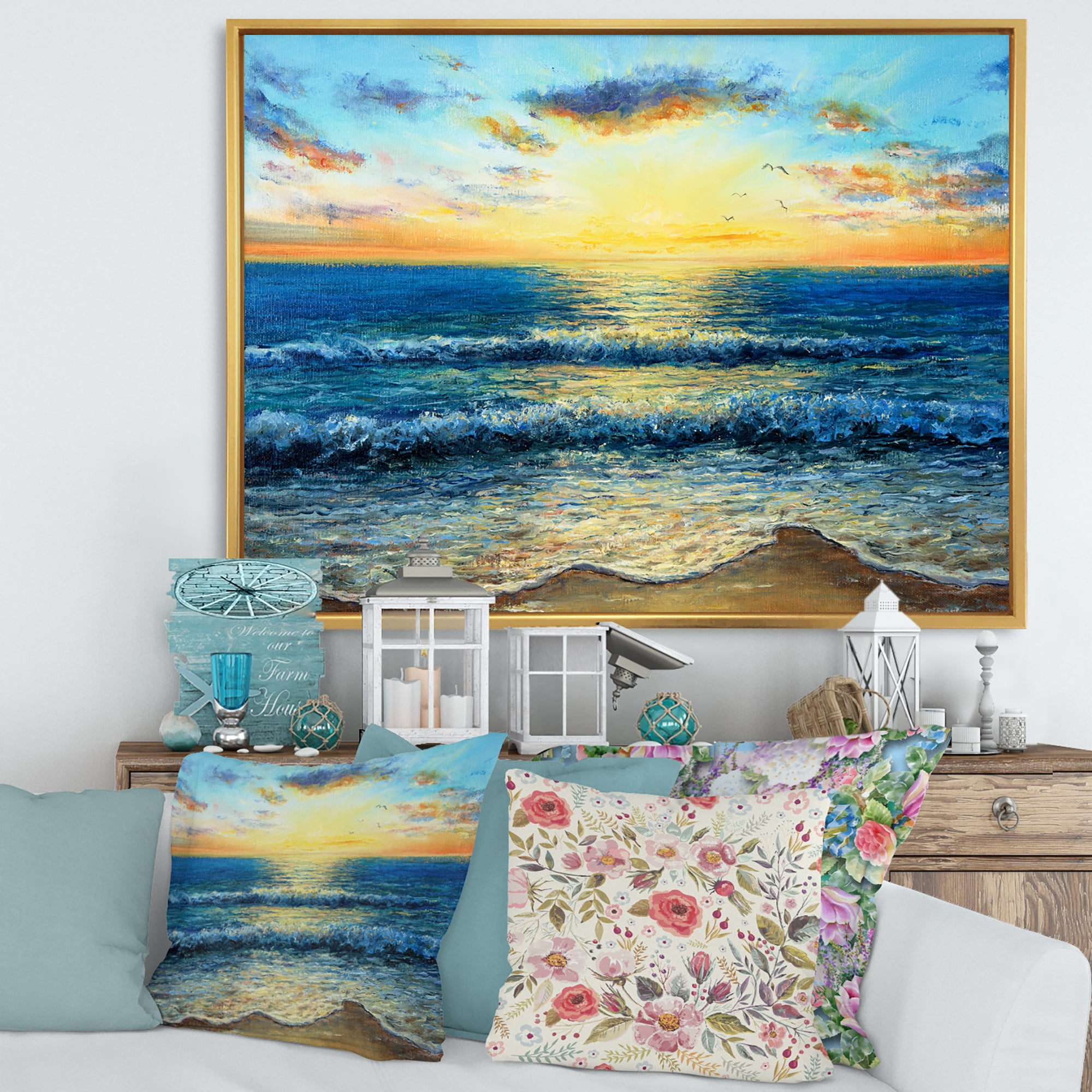 Sunrise Glow On The Ocean Waves I 40 in x 30 in Framed Painting Canvas Art Print, by Designart