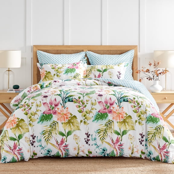Levtex Home - Malana Duvet Cover Set - King Duvet Cover Two King Pillow Cases - Tropical - Green, Coral, Plum, Teal - Duvet Cover (106 x 94in.) and Pillow Case (36 x 20in.) - Cotton