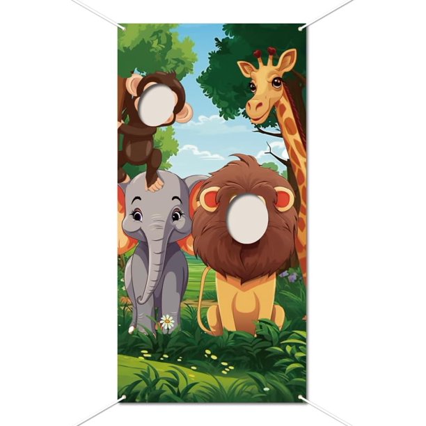Fondo de tela grande para fotos de animales salvajes de safari en la jungla, para fiestas de cumpleaños, pancarta para puerta, decoración de rostros, divertido juego de fiesta, suministros de