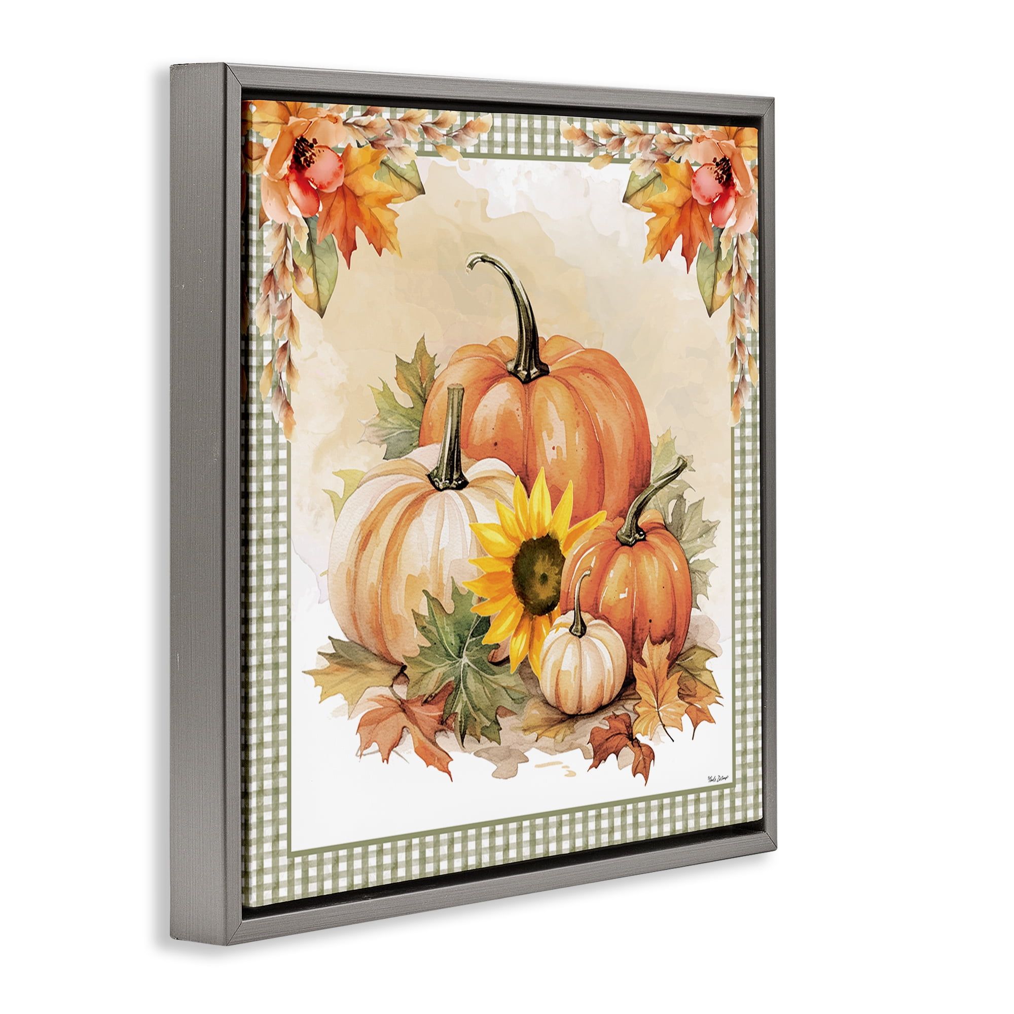 Stupell Industries Autumn Pumpkins Floral Border Botanical & Floral Painting Gray Floater Framed Canvas Art Prints Wall Art, 25 x 25