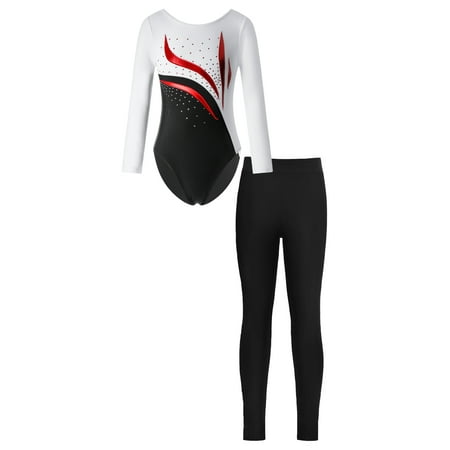 Doomiva Kids Girls Sparkly Rhinestone Long Sleeve Gymnastics Leotard Bodysuit with Leggings Set Sport Tracksuit White&Black 8