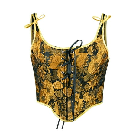 Odeerbi Corset Top for Women 2025 Shapewear Bodyshaper Tummy Control Waist Trainer Erogenous Eyelet Lace-up Floral Print Fishbone Court Vintage Straps Brown