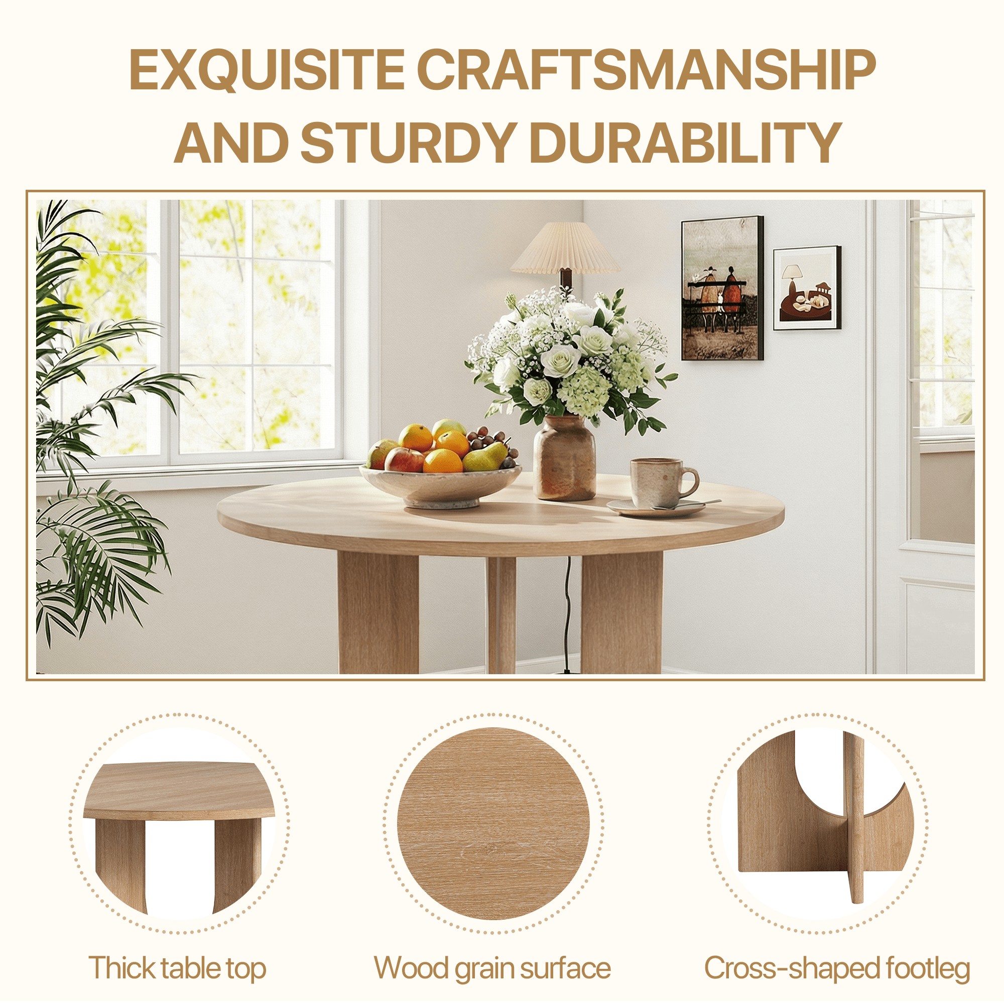 Aukfa Farmhouse Wood Light Oak Upholstered Round Dining Set, 5-Piece